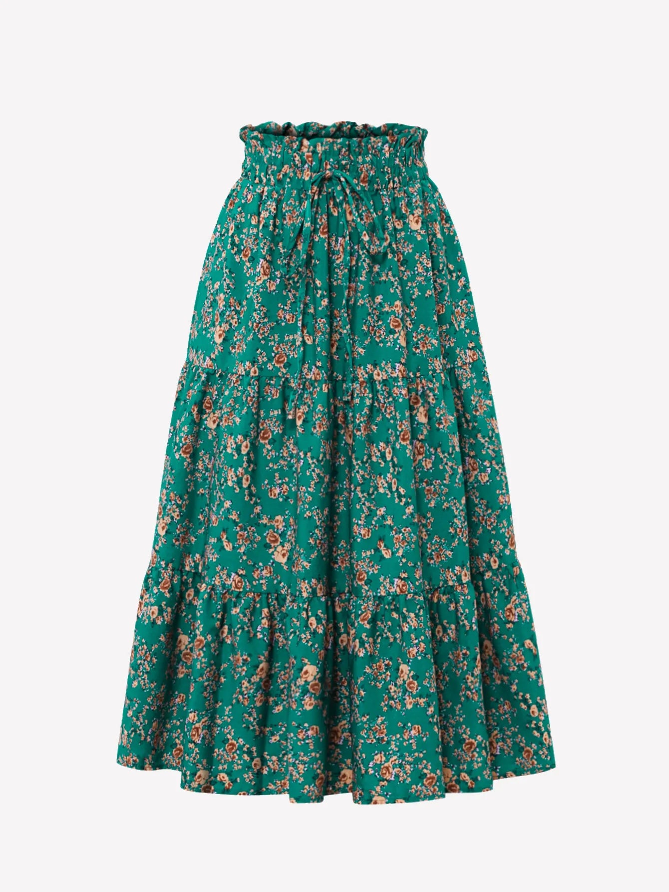 Women's High Waist Floral Print A-Line Midi Skirt - Boho Flowy Ruffle Hem Skirt for All Occasions