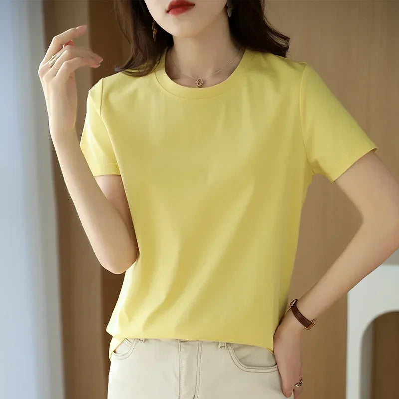 Short-sleeved T-shirt Solid Color Cotton Loose Round Neck Korean Version 2025 Spring And Summer Casual Bottoming Shirt Women