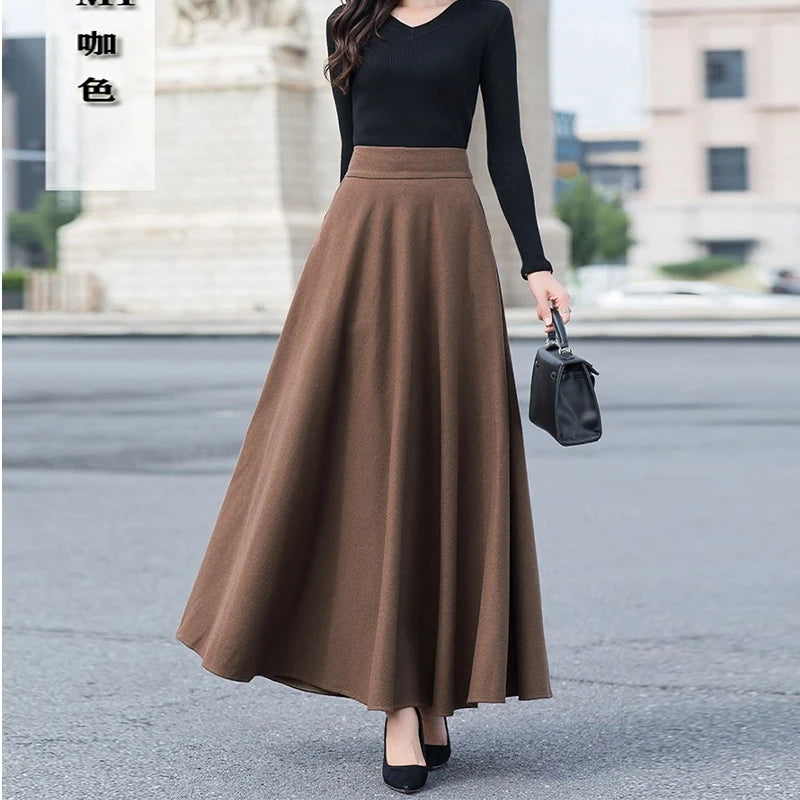 Gray wool blend half skirt, women's winter large swing slimming black long skirt, Korean style A-line high-waist umbrella skirt