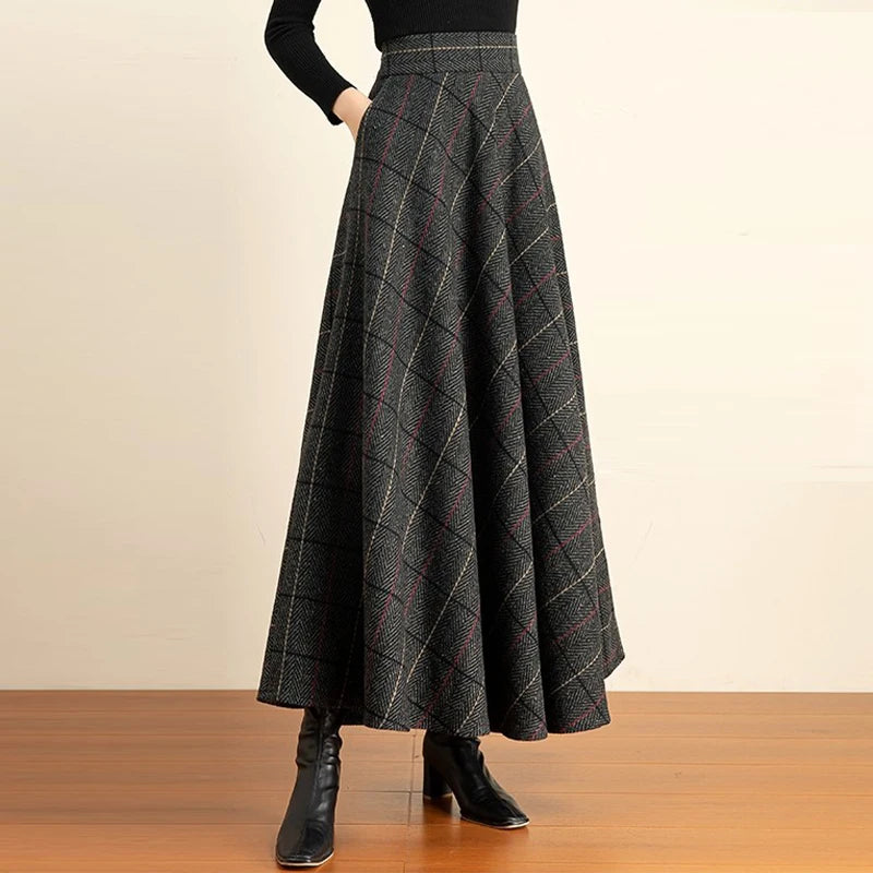 Women's 2026 Fall/Winter Plaid Wool Midi Skirt - High-Waisted A-Line, Plus Size, Thickened & Slimming Long Skirt