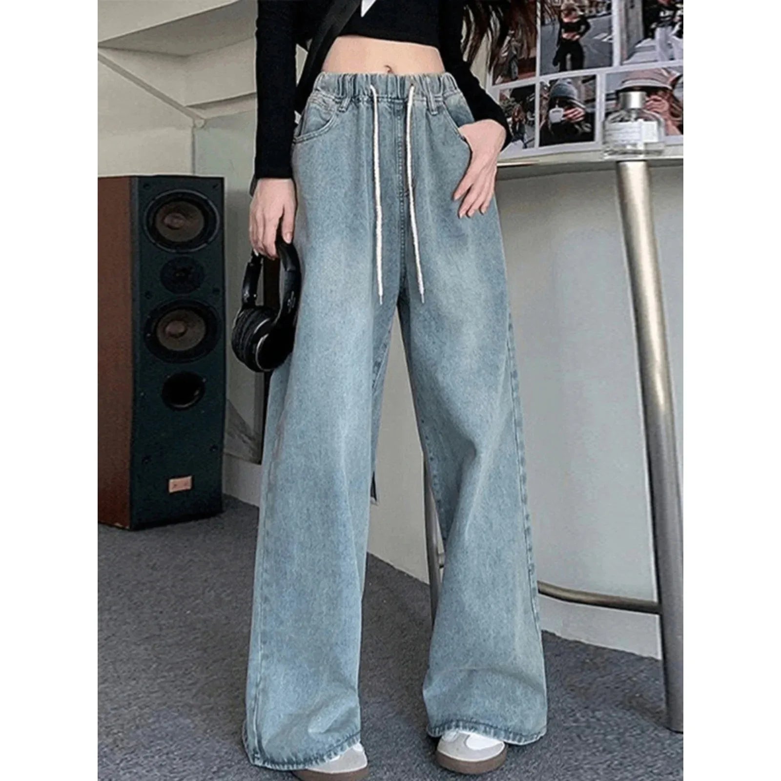 Botvotee Elastic Waist High Waist Wide Leg Jeans for Women Loose Straight Blue Long Denim Pants Female Fashion Streetwear Jeans