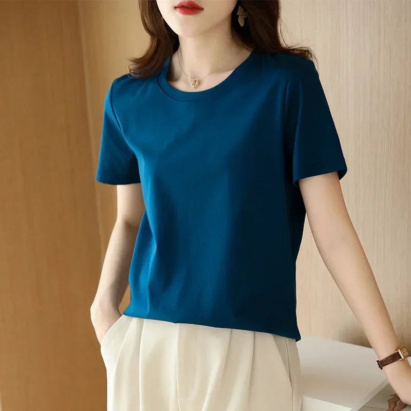 Short-sleeved T-shirt Solid Color Cotton Loose Round Neck Korean Version 2025 Spring And Summer Casual Bottoming Shirt Women