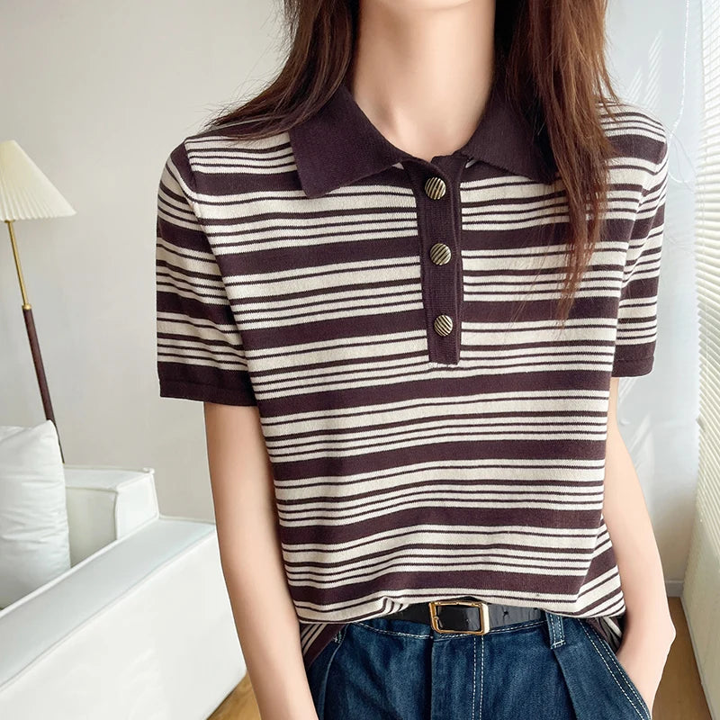Women's T-Shirt 100% Cotton Sweater Short Sleeve Striped Knitted Turn-down Collar Ladies Tops Loose Blouse Pullover Tees Buttons