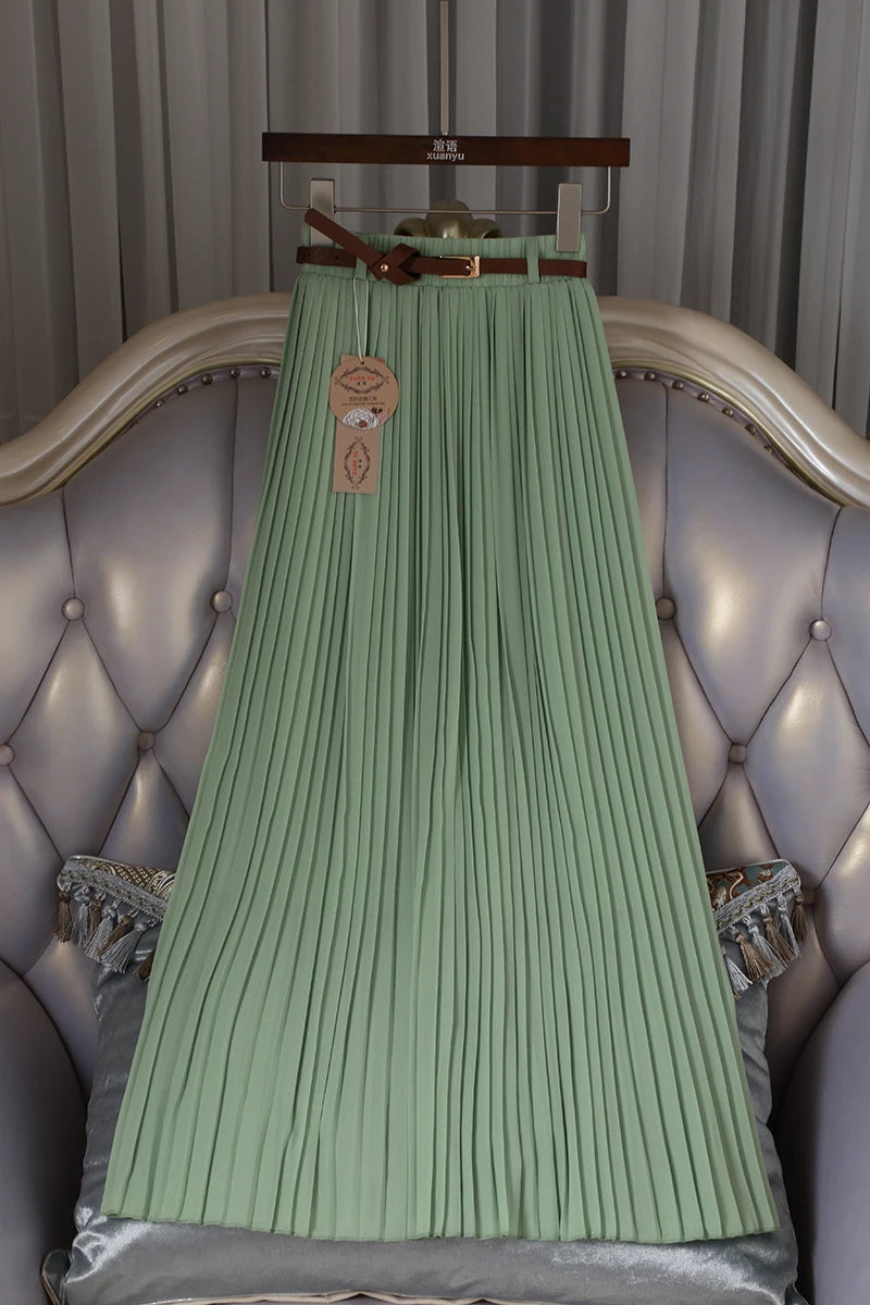 2021 High Quality Women Summer Skirt High Waist Vintage Women Pleated Skirt Saias Femme Boho White Long Chiffon Skirt Streetwear