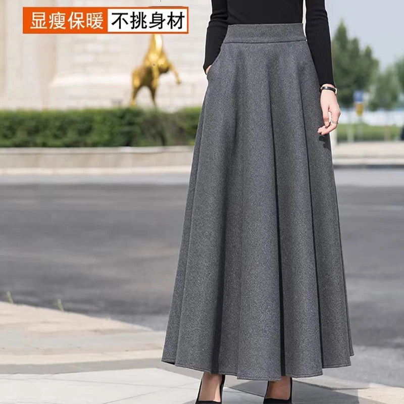 Gray wool blend half skirt, women's winter large swing slimming black long skirt, Korean style A-line high-waist umbrella skirt