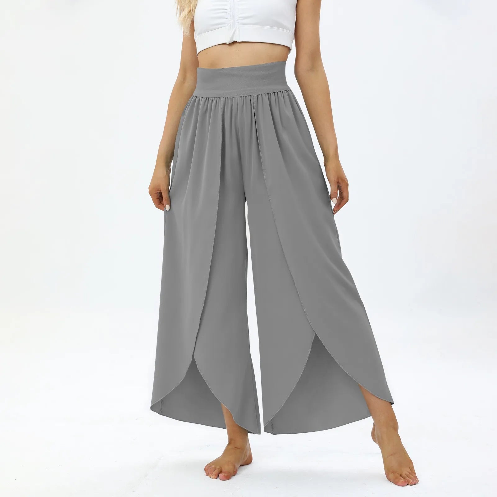 Ladies' Elastic Waist Solid Color Casual Irregular Trousers Fashion Korean Version High Waist Loose Wide Leg Long Pants