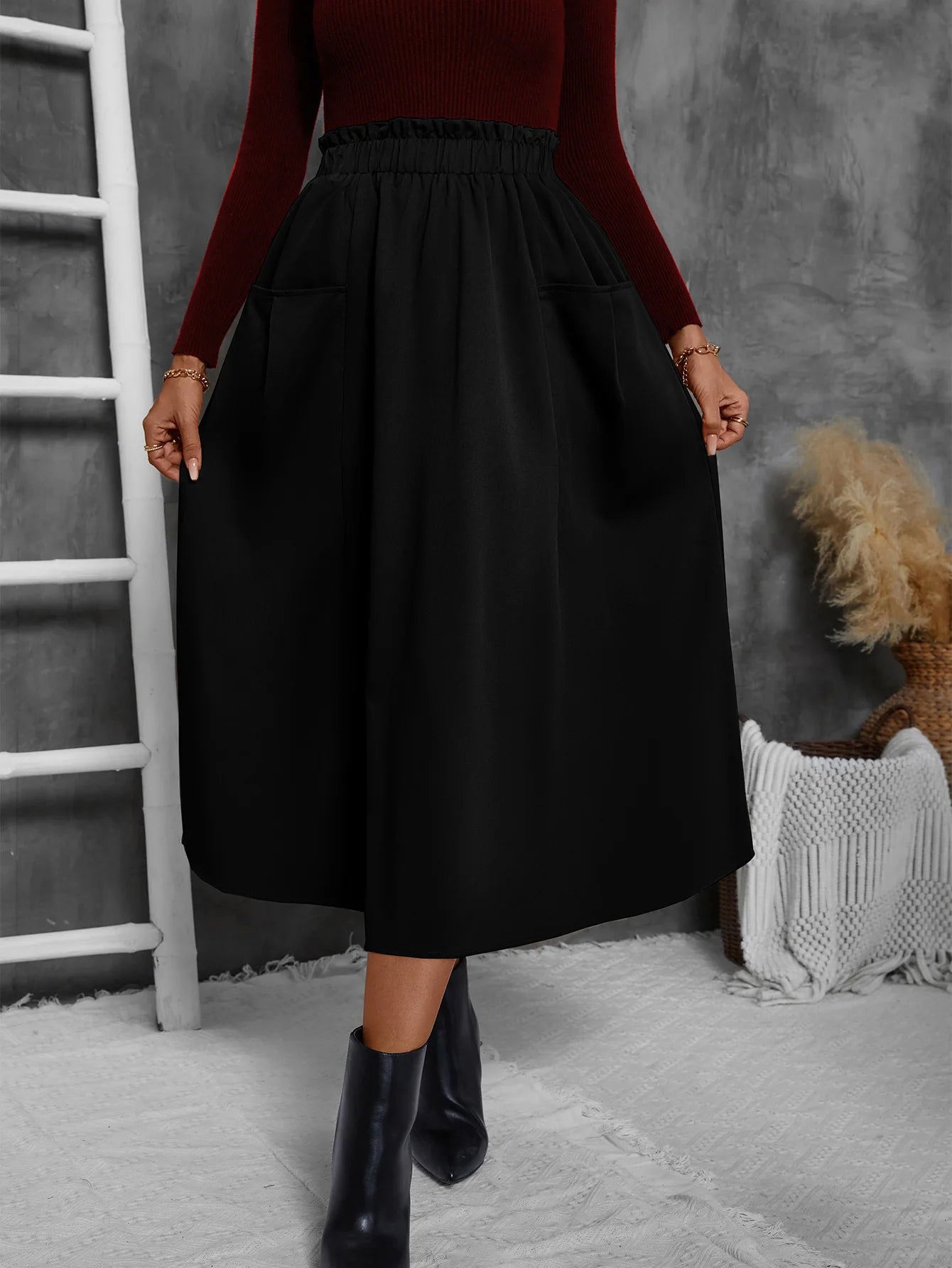 Women's Midi Skirt with Pockets - High Waist Elastic Waist Flowy A-Line Skirt for Casual and Party Wear