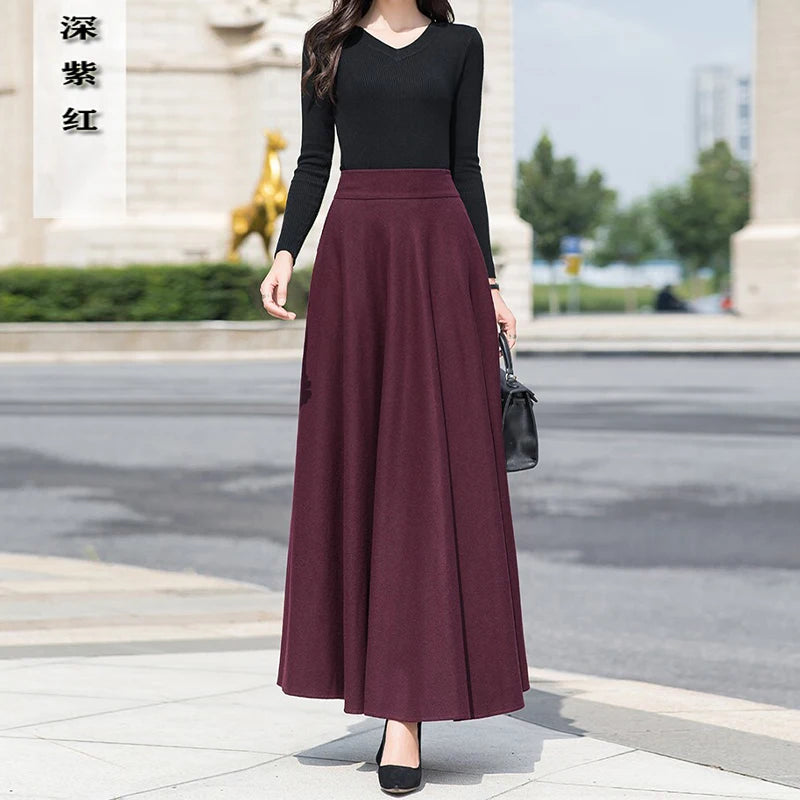 Gray wool blend half skirt, women's winter large swing slimming black long skirt, Korean style A-line high-waist umbrella skirt