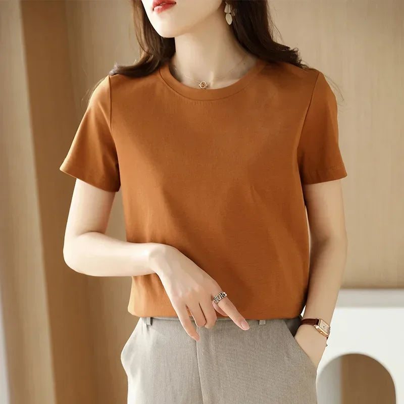Short-sleeved T-shirt Solid Color Cotton Loose Round Neck Korean Version 2025 Spring And Summer Casual Bottoming Shirt Women
