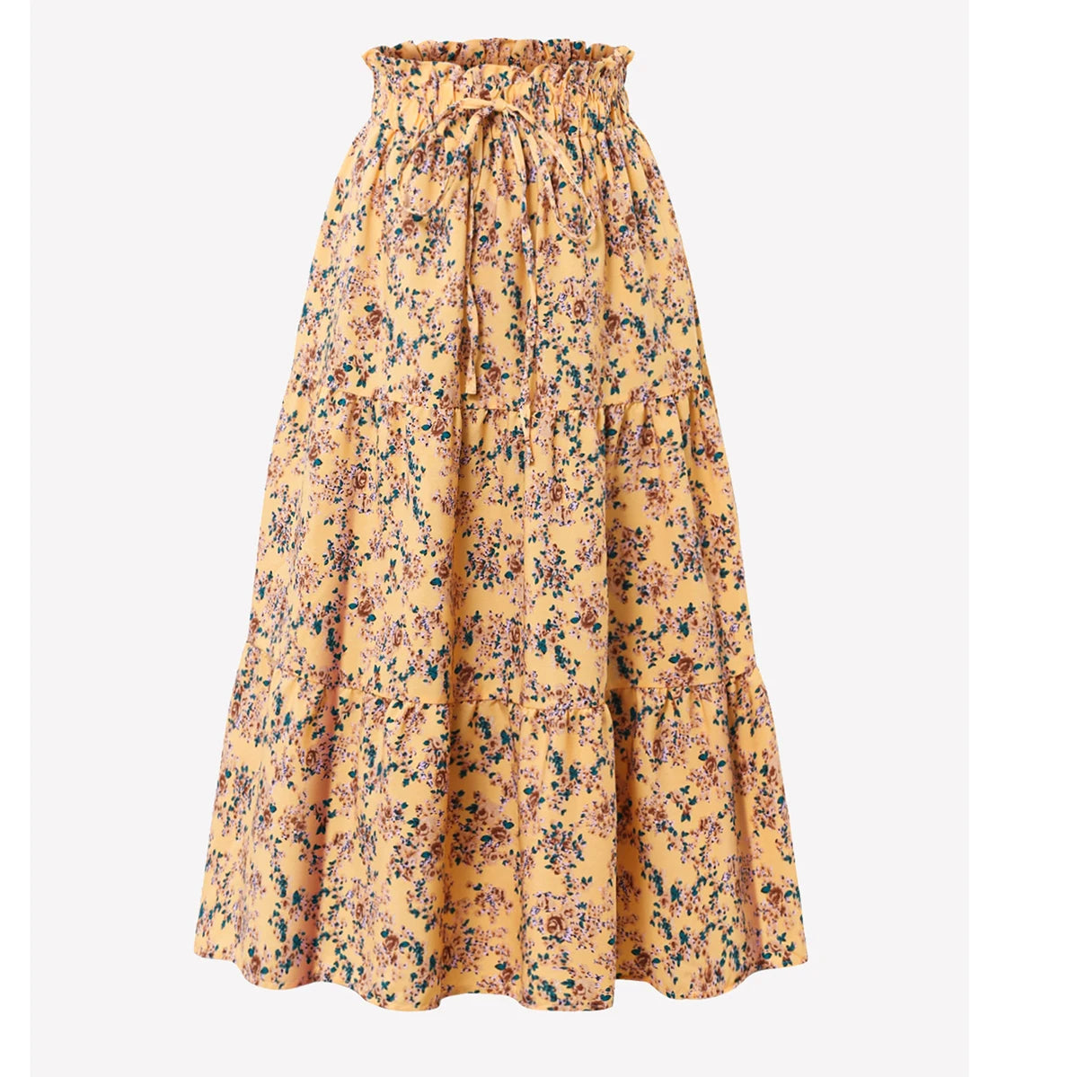Women's High Waist Floral Print A-Line Midi Skirt - Boho Flowy Ruffle Hem Skirt for All Occasions