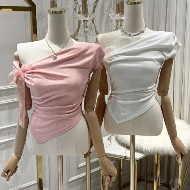 Korean Style 2026 Summer Temperament Sweet Tees Women Sexy Bow Lace Up Crop Top Irregular Off Shoulder Short Sleeve T-shirts