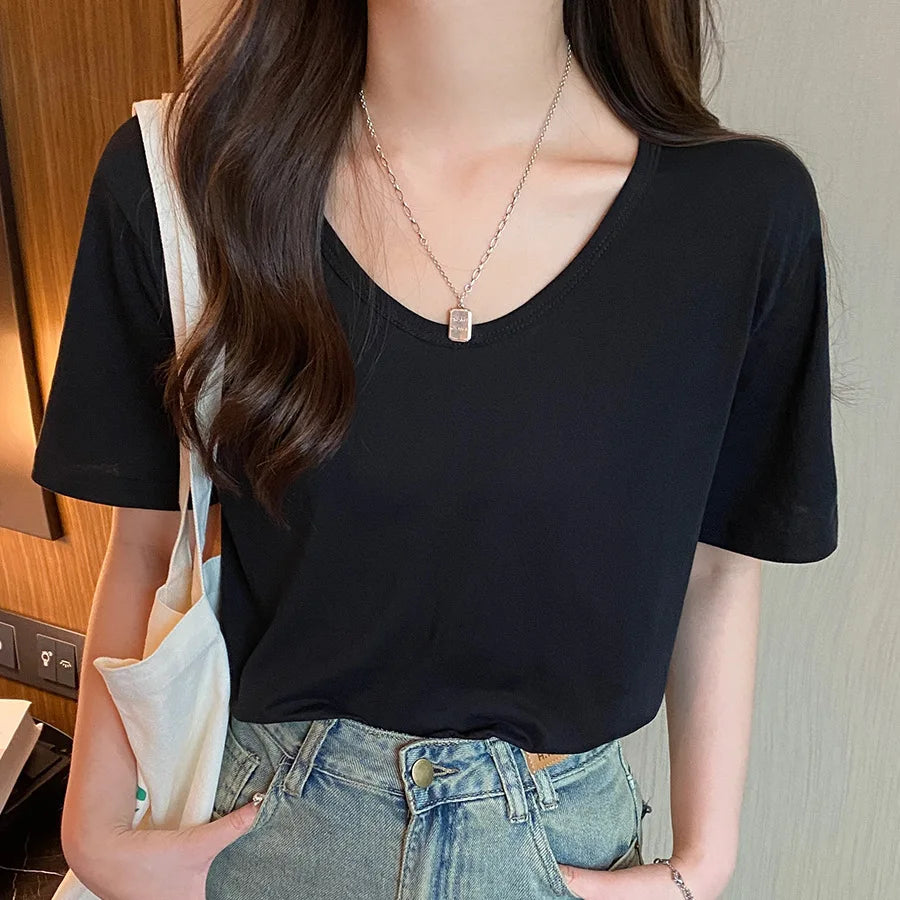 Breathable Soft V-Neck Loose-Fit Short-Sleeved T-Shirt for Women – Basic Layering Top, Versatile