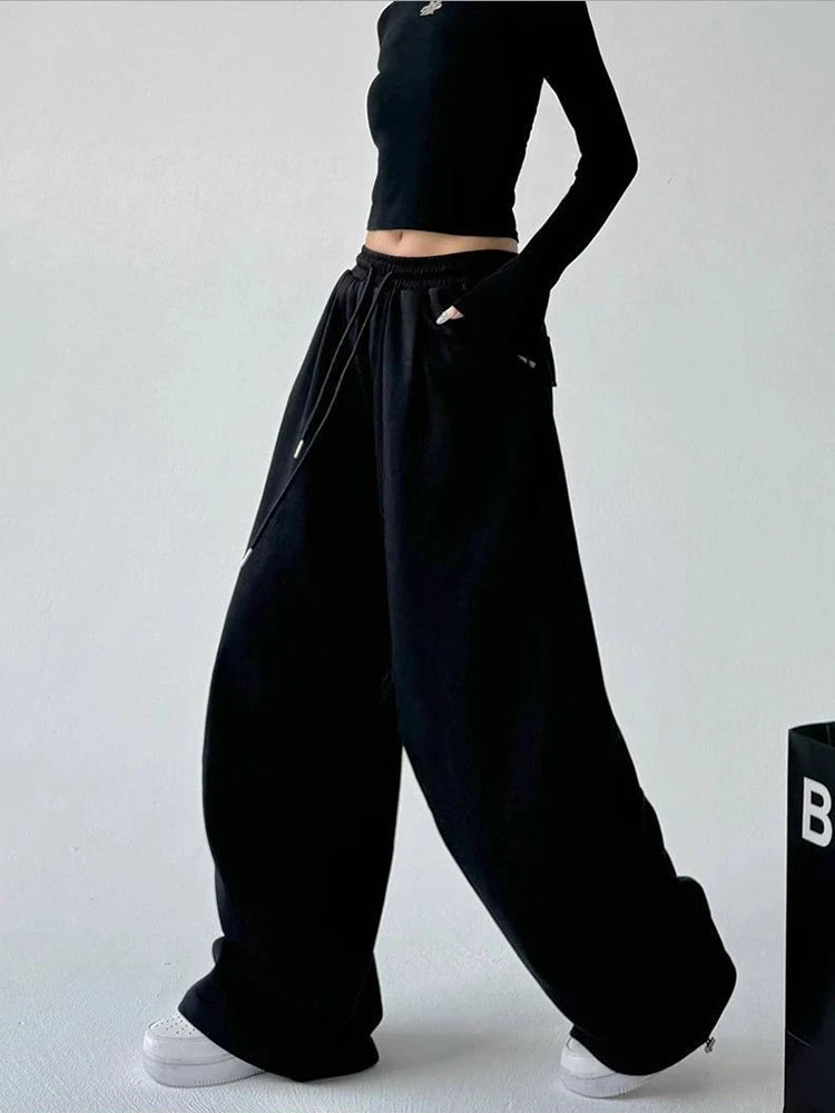 Korean Fashion Wide Leg Loose Sweatpants Women High Waist Drawstring Gray Sports Pants Y2K Streetwear Baggy Oversize Trousers
