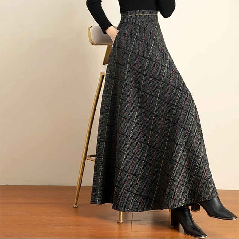 Women's 2026 Fall/Winter Plaid Wool Midi Skirt - High-Waisted A-Line, Plus Size, Thickened & Slimming Long Skirt