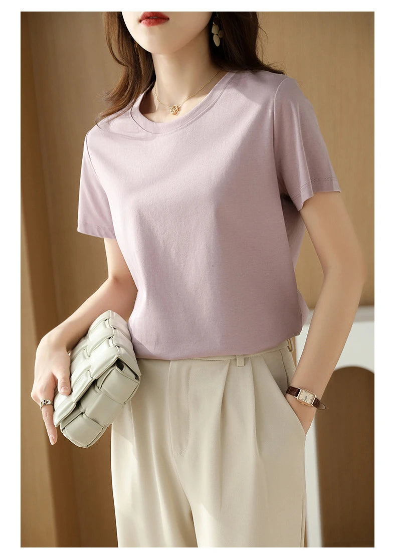 Short-sleeved T-shirt Solid Color Cotton Loose Round Neck Korean Version 2025 Spring And Summer Casual Bottoming Shirt Women