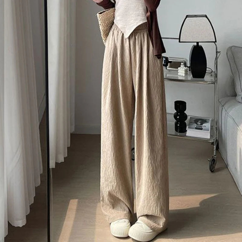 Female New Korean Baggy Wide Leg Pants Girls Solid High Waist Casual Trousers Lady Thin Comfortable Ice Silk Pants