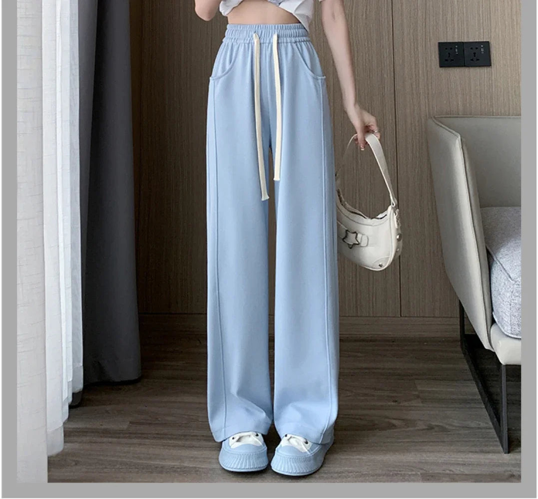 Blue Korean Fresh Drape Effect High Waist Trouser Fashion Female Summer Baggy Wide Leg Pants Street Classic Women Sweatpants Y2k