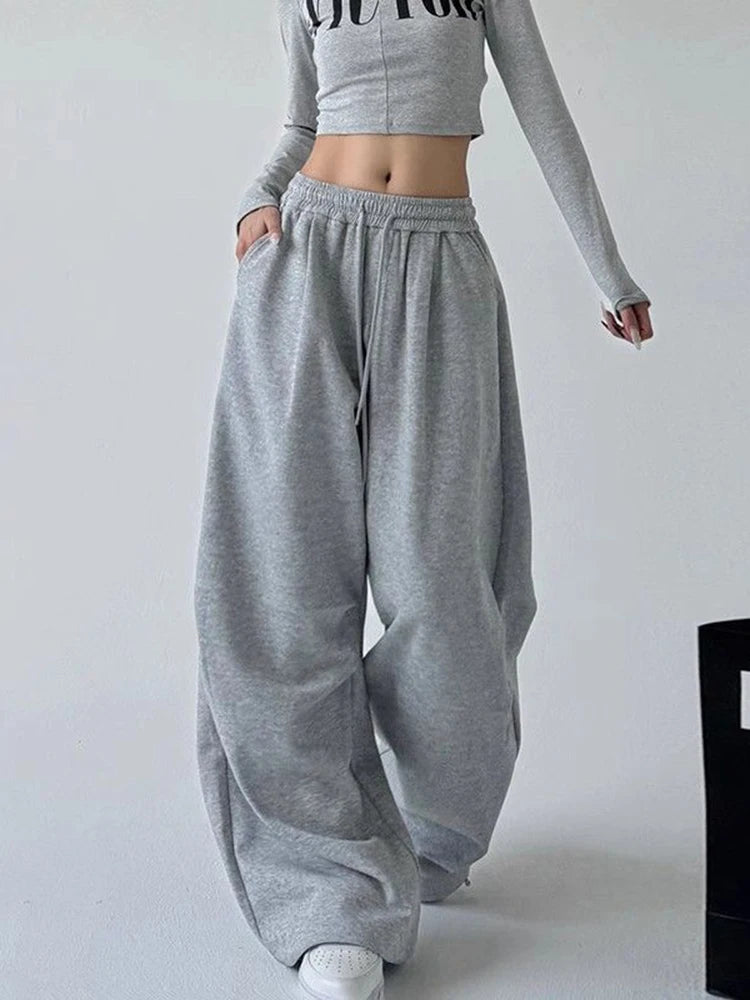 Korean Fashion Wide Leg Loose Sweatpants Women High Waist Drawstring Gray Sports Pants Y2K Streetwear Baggy Oversize Trousers