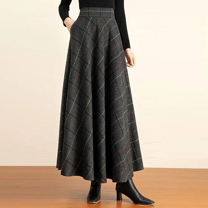 Women's 2026 Fall/Winter Plaid Wool Midi Skirt - High-Waisted A-Line, Plus Size, Thickened & Slimming Long Skirt
