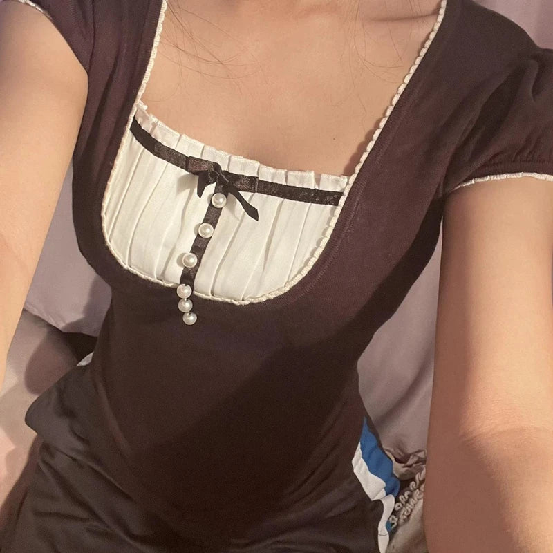 Harajuku Grunge T-shirt Women Korean Preppy Style Kawaii Bow Crop Top Vintage Patchwork Square Collare Puff Sleeve Milkmaid Top