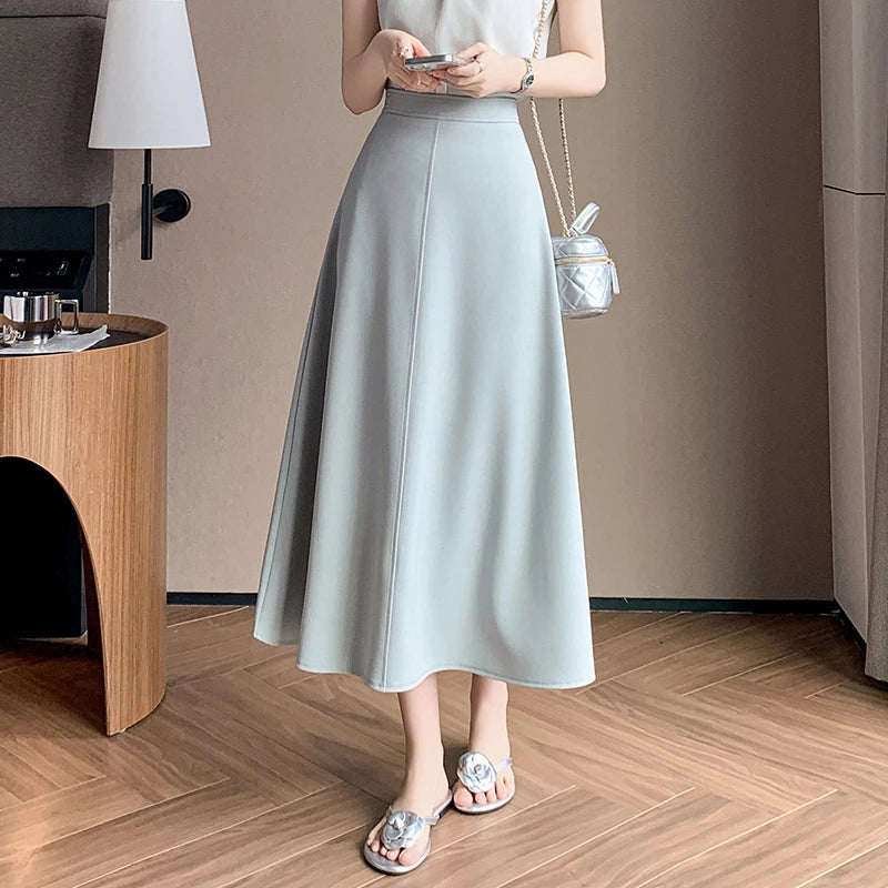 Elegant OL Spring Summer Long Skirts For Woman Fashion Korean High Waist A-line Office Skirt Suit Pleated Pink Black Skirt Women
