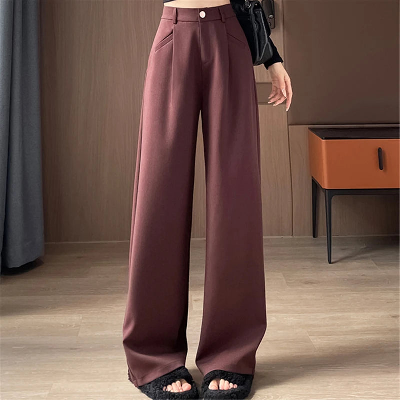 Seoulish Autumn Elegant Women's Wide Leg Pants 2024 New Korean Solid Button Casual Loose Office Full Length Trousers Female