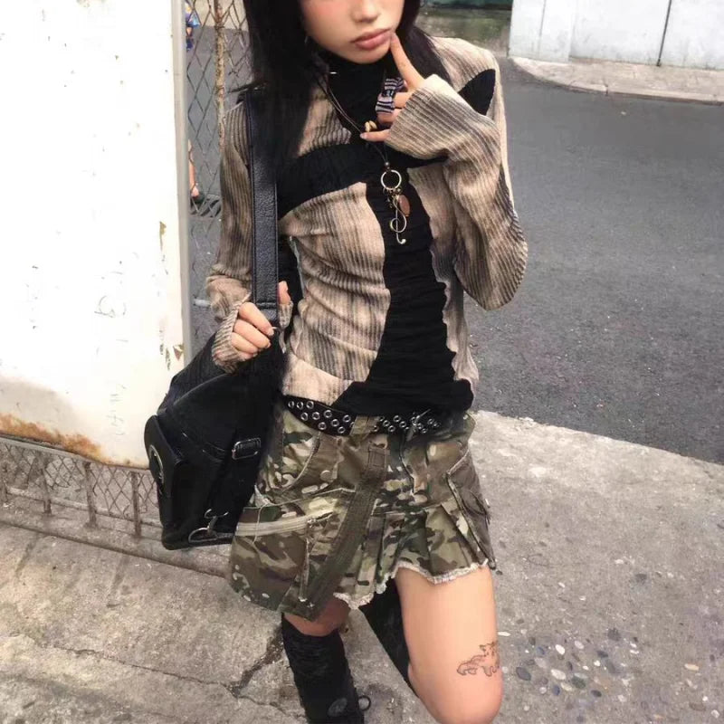 Women Y2k Clothing Ribbed Tops Vintage Harajuku Cross Print T-shirt Grunge Aesthetic Long Sleeve Patchwork Tops Trend 2000s