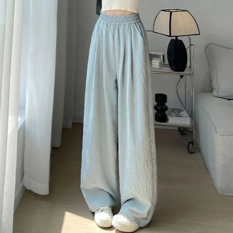 Female New Korean Baggy Wide Leg Pants Girls Solid High Waist Casual Trousers Lady Thin Comfortable Ice Silk Pants