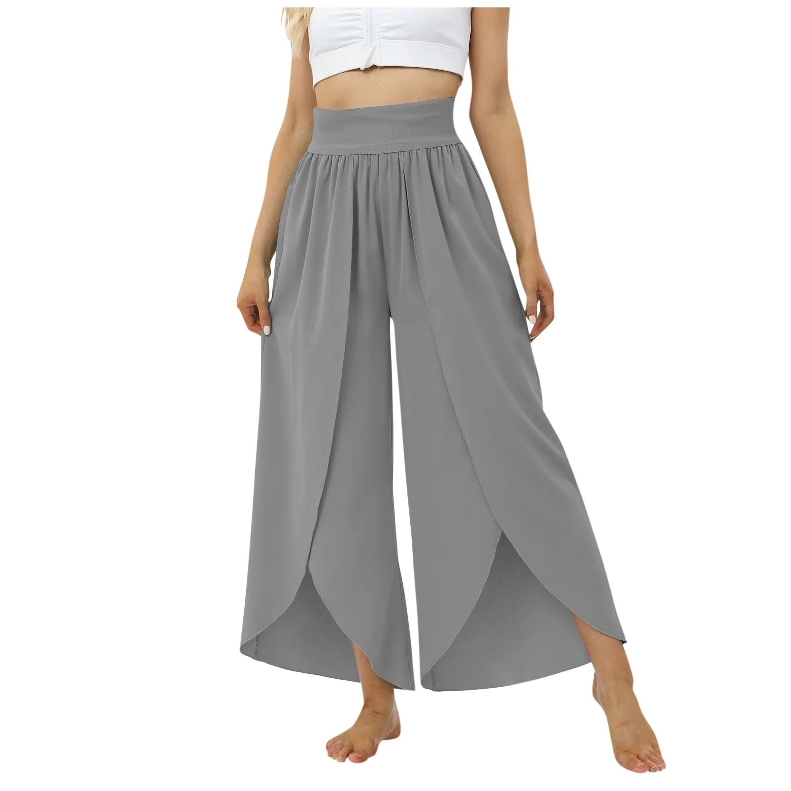 Ladies' Elastic Waist Solid Color Casual Irregular Trousers Fashion Korean Version High Waist Loose Wide Leg Long Pants