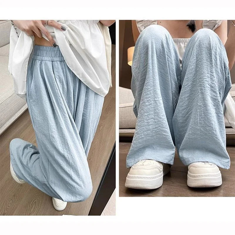 Female New Korean Baggy Wide Leg Pants Girls Solid High Waist Casual Trousers Lady Thin Comfortable Ice Silk Pants