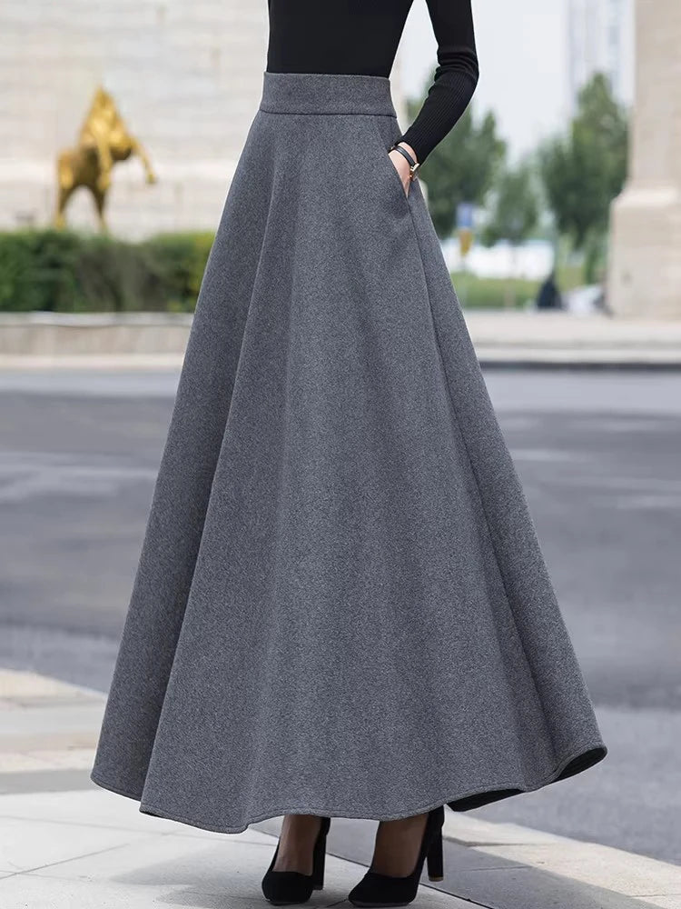 Gray wool blend half skirt, women's winter large swing slimming black long skirt, Korean style A-line high-waist umbrella skirt