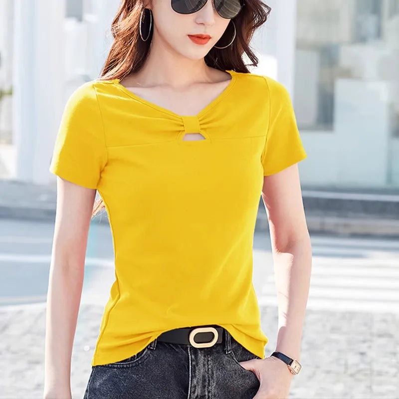 Korean version pure cotton short sleeved t-shirt women's summer new high-end fashion plus size slim fit casual T-shirt V-neck to