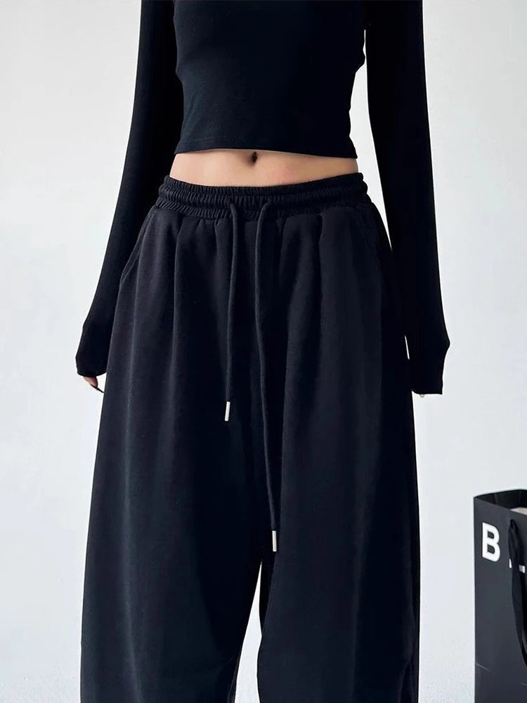Korean Fashion Wide Leg Loose Sweatpants Women High Waist Drawstring Gray Sports Pants Y2K Streetwear Baggy Oversize Trousers