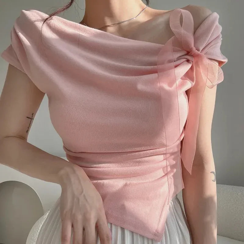 Korean Style 2026 Summer Temperament Sweet Tees Women Sexy Bow Lace Up Crop Top Irregular Off Shoulder Short Sleeve T-shirts