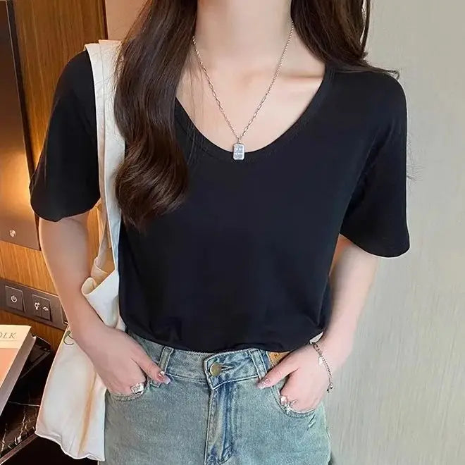 Breathable Soft V-Neck Loose-Fit Short-Sleeved T-Shirt for Women – Basic Layering Top, Versatile