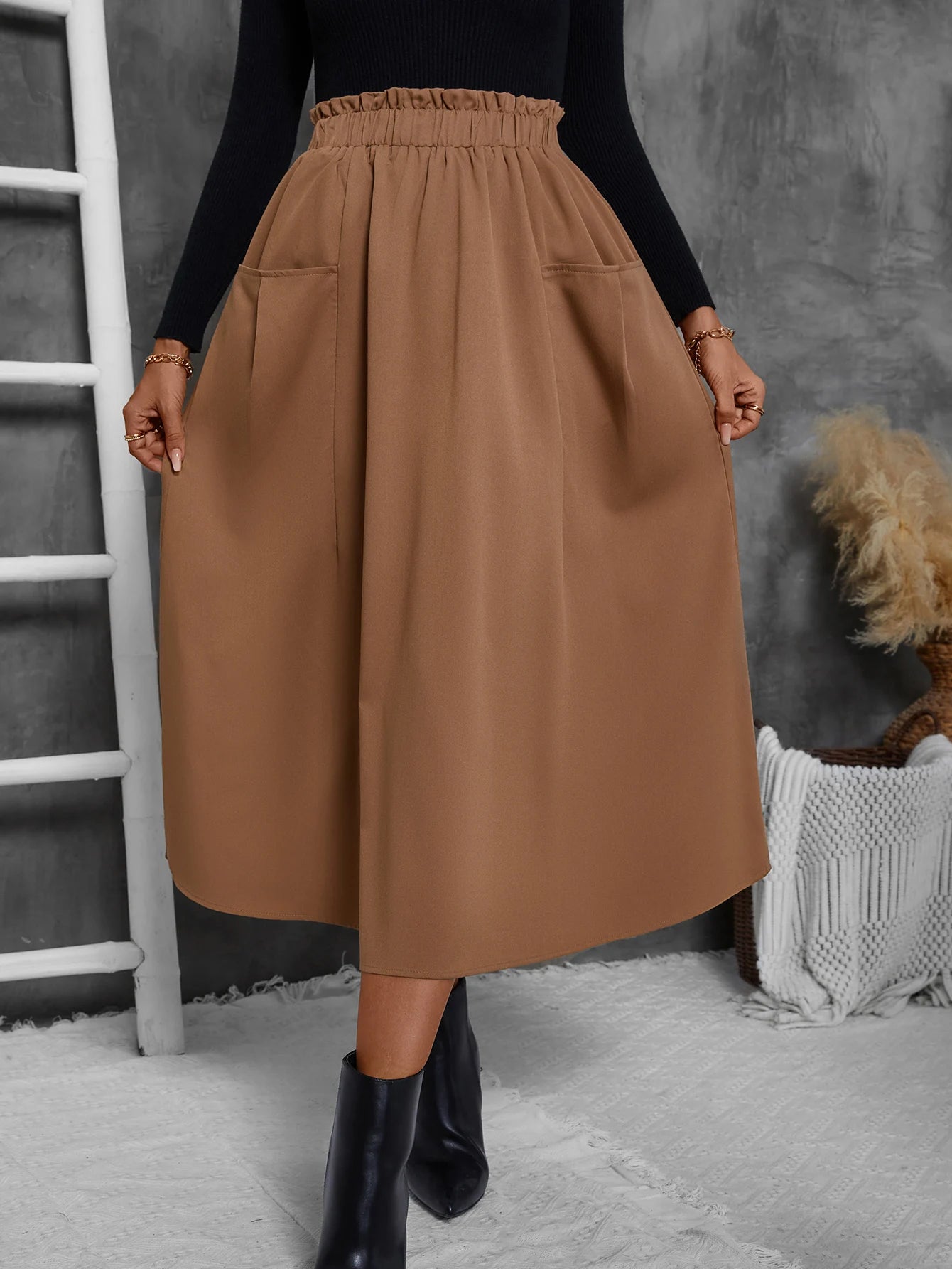 Women's Midi Skirt with Pockets - High Waist Elastic Waist Flowy A-Line Skirt for Casual and Party Wear